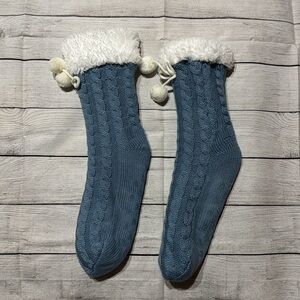 Blue Cable Knit Socks with White Trim